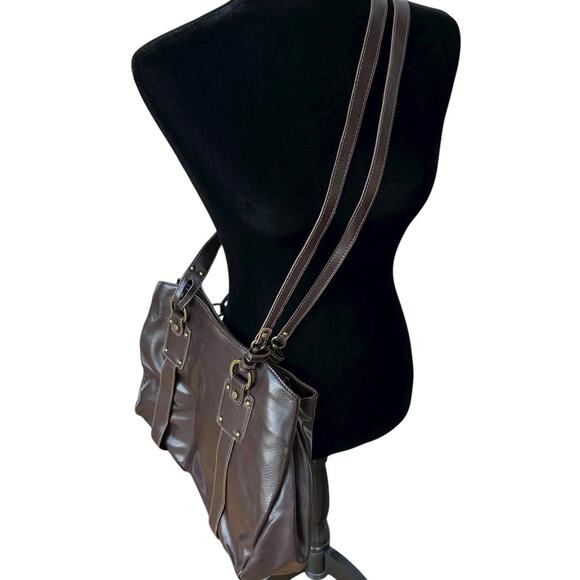 Vintage Liz Claiborne Crossbody Bag Shoulder Tote Satchel Brown Faux Leather - Picture 2 of 13